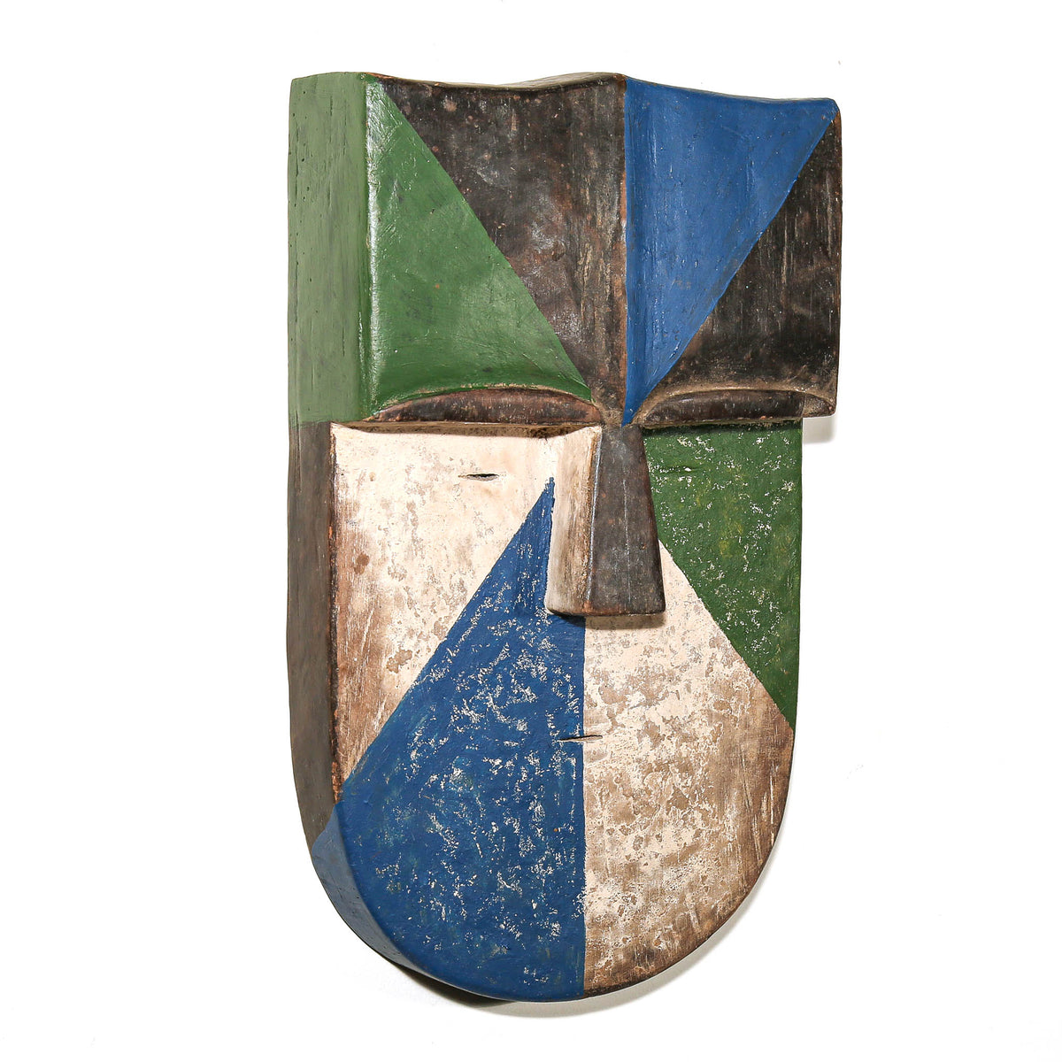 Colorful carved Aduma face mask from Central Africa with striking geometric pattern and painted surface