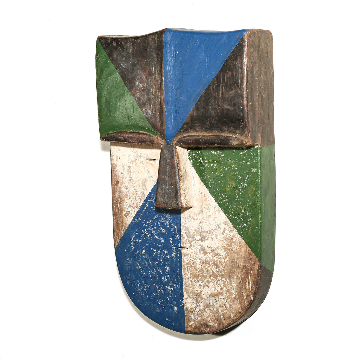 Traditional Aduma African mask from Gabon featuring blue, green, black and white painted details