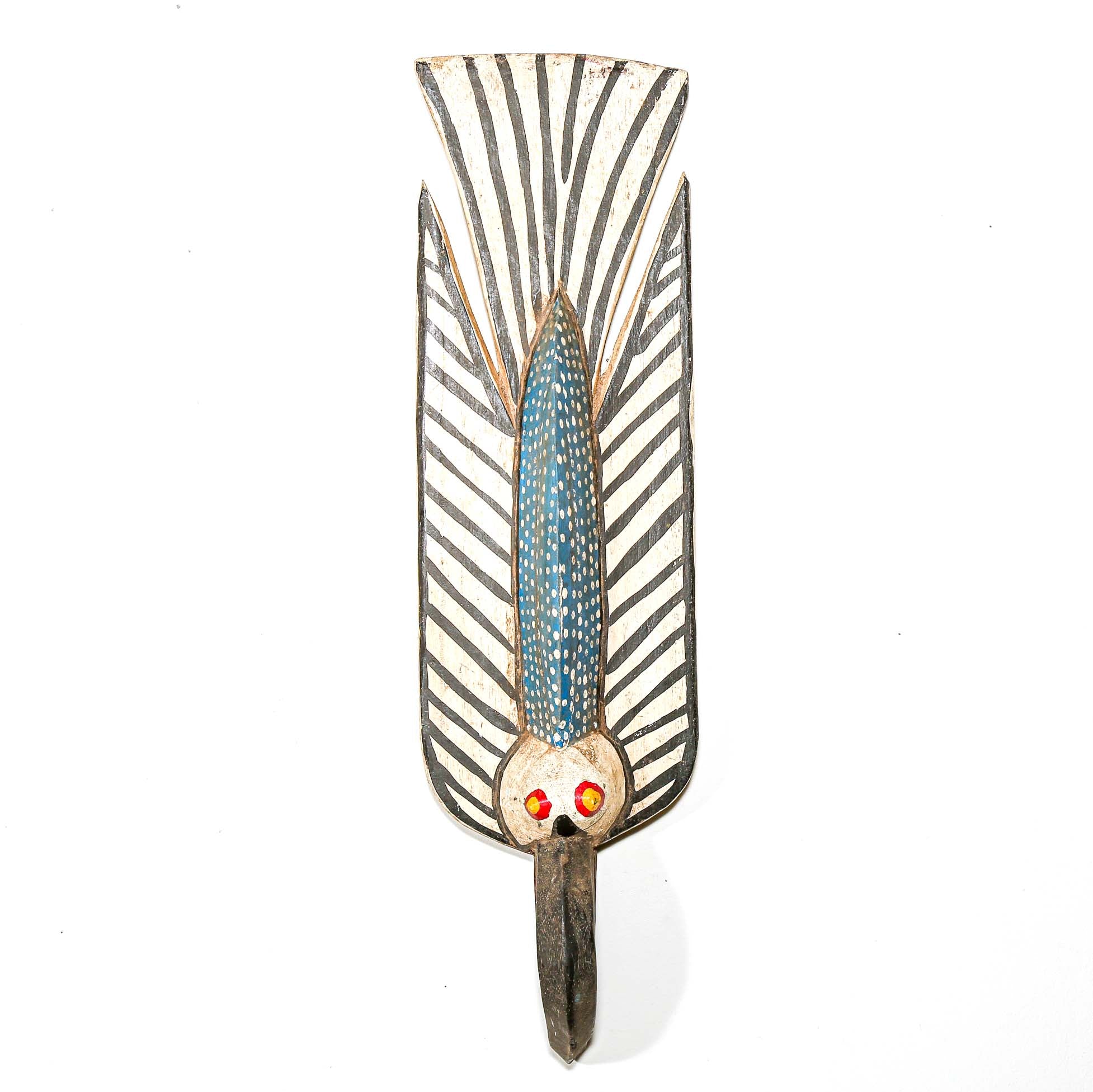 Decorative wall mask from African with abstract design of a bird on a white background