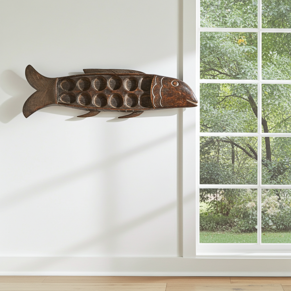 Wooden fish wall decoration on a white wall with a window view of greenery