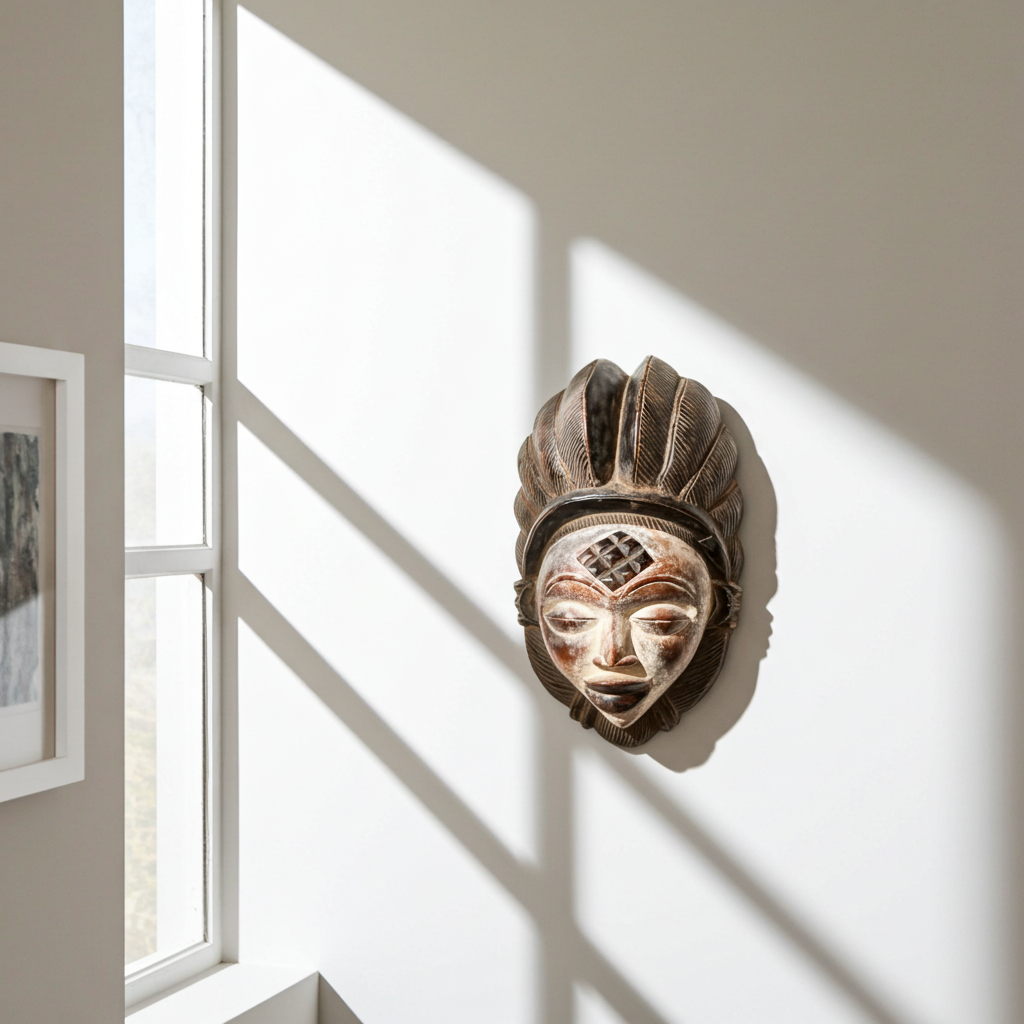 Decorative mask on a wall with sunlight casting shadows