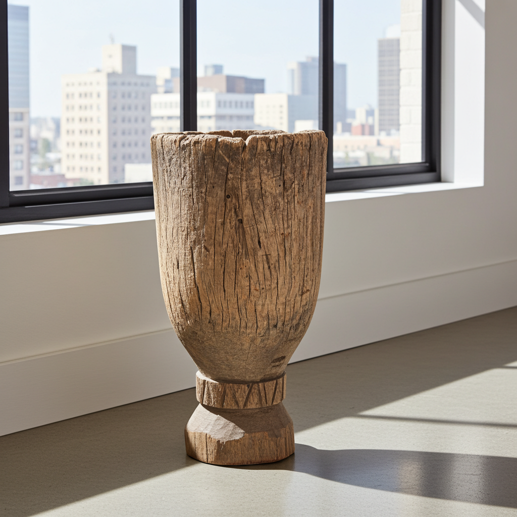 African Wooden rustic vase on a floor with a cityscape view through a window.