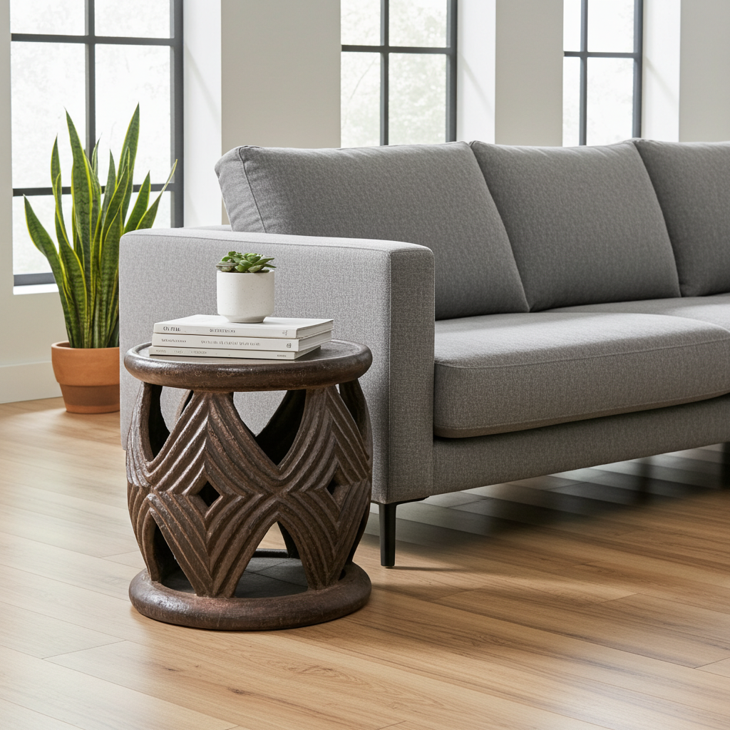 Living room with a gray sofa, decorative African hand made side table, and potted plants.