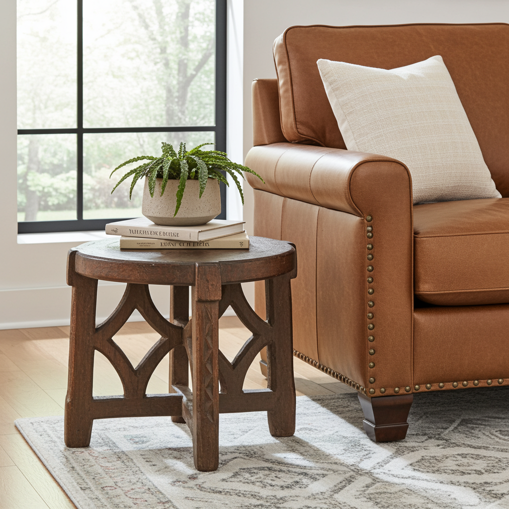 Brown leather armchair with a small wooden table and plant in a living room.