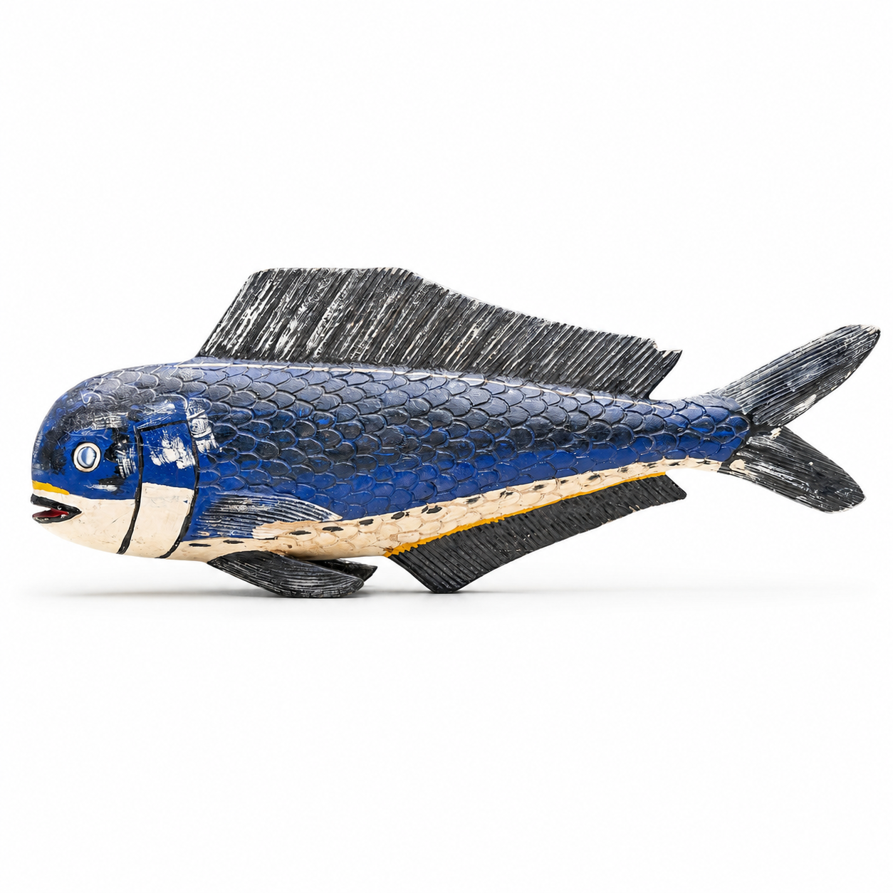 blue and black fish sculpture for display in beach house or lake house home design