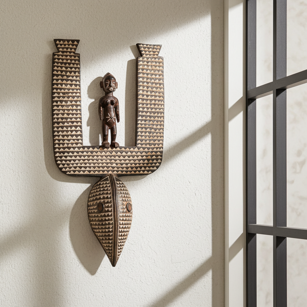 Decorative African wall art with geometric patterns and a central figure on a light background next to a window