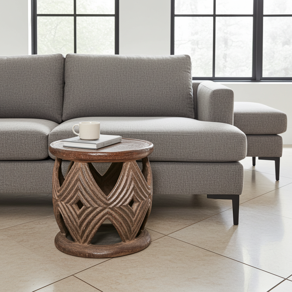Gray sectional sofa in a living room with a decorative african side table.