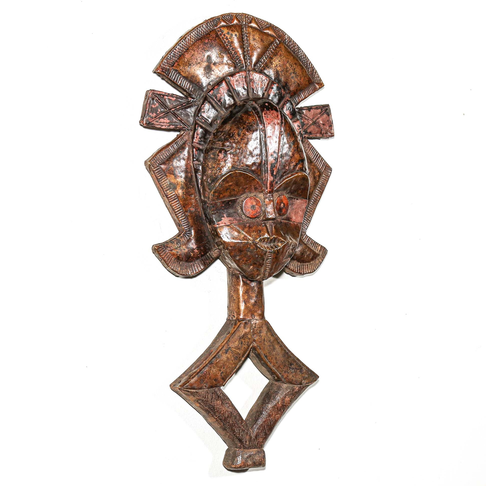 Historic Kota reliquary sculpture from Gabon with copper-clad design for ancestor protection