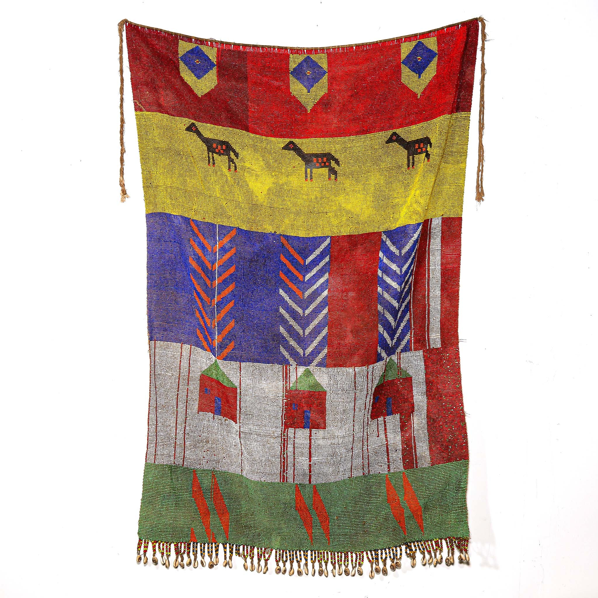 Colorful woven blanket with geometric patterns on a white background from Africa for sale