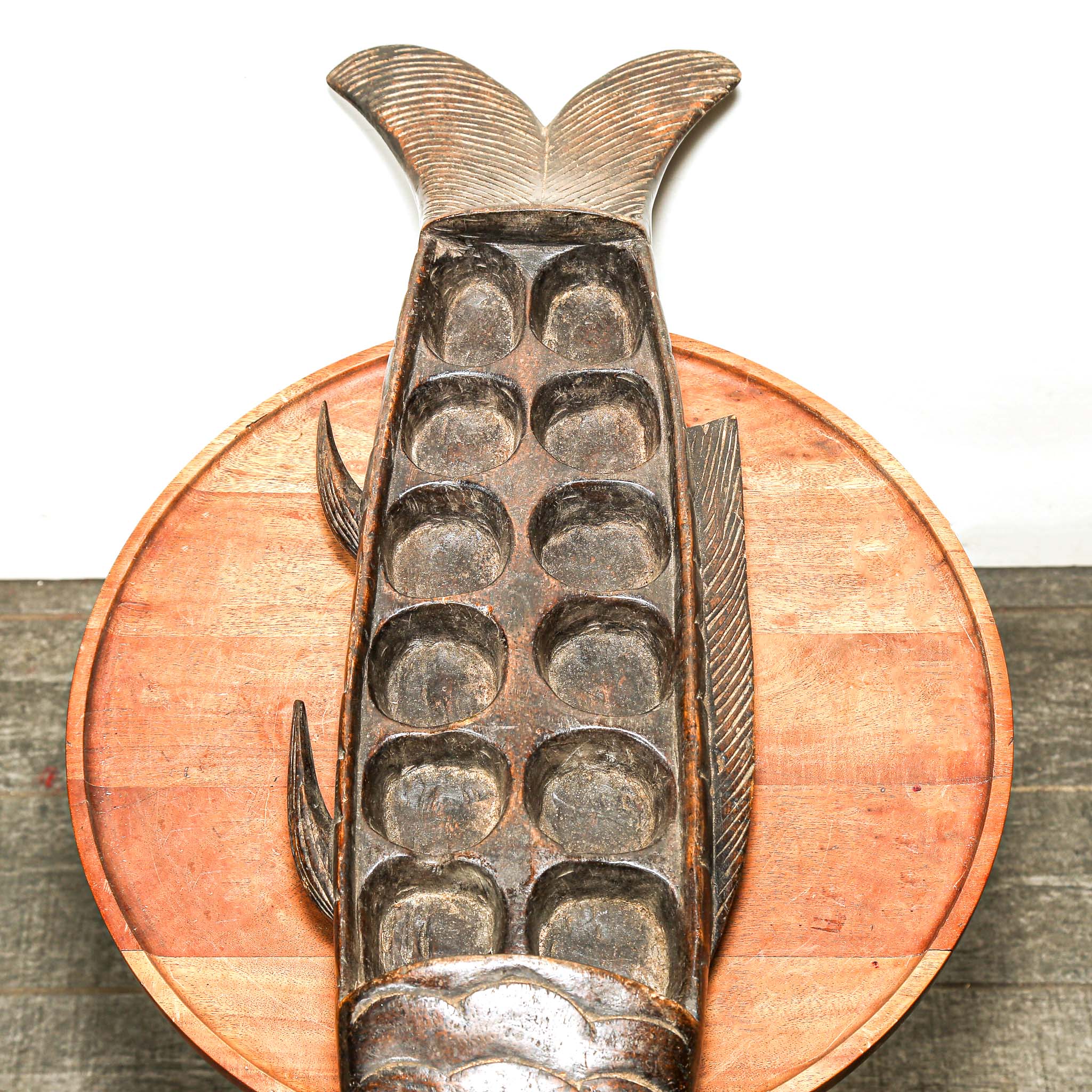 hand carved Wooden fish-shaped mancala game for table decor 
