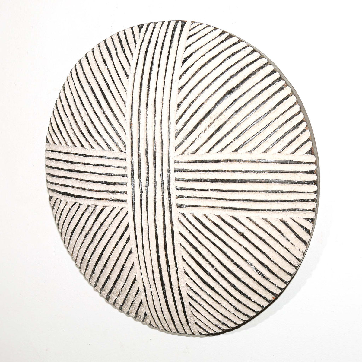 Circular African wall shield from Cameroon featuring a compact sculptural shape and distinctive painted decoration