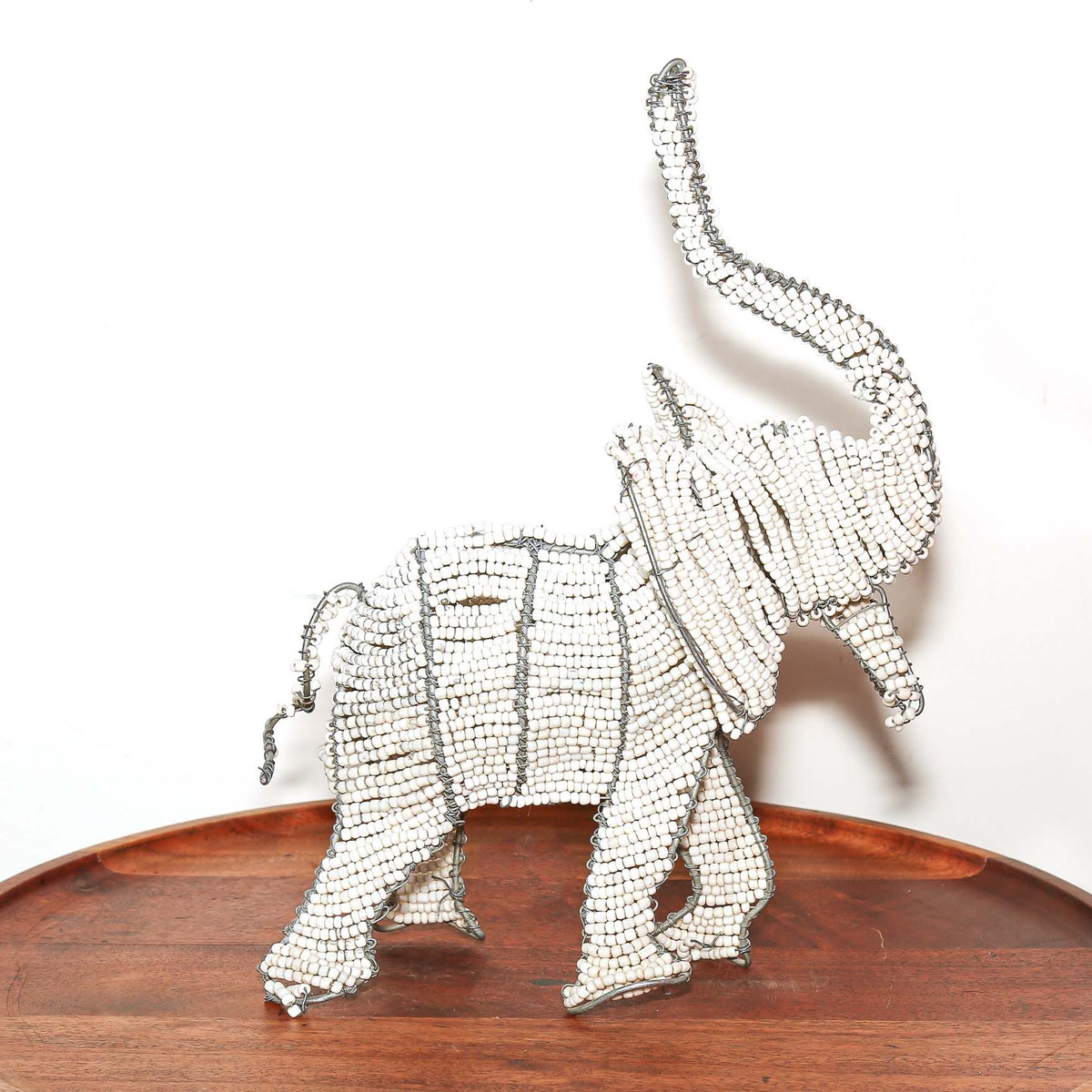 South African wire and bead elephant figurine in white, crafted by hand for shelf, desk, or tabletop display