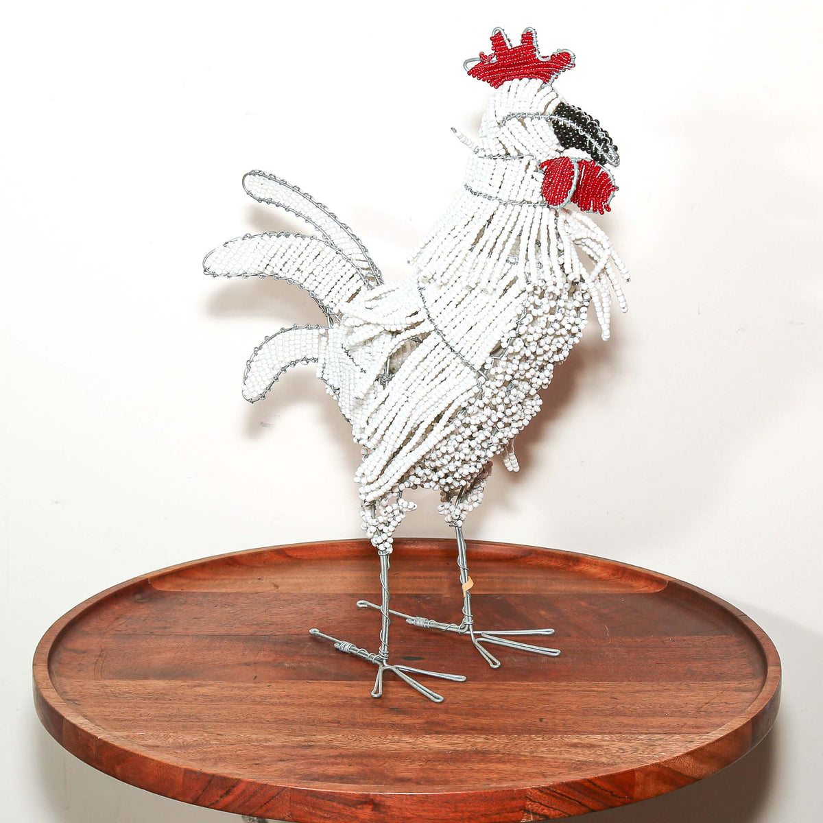 South African rooster figurine handcrafted from wire and decorative beads with distinctive artisan character