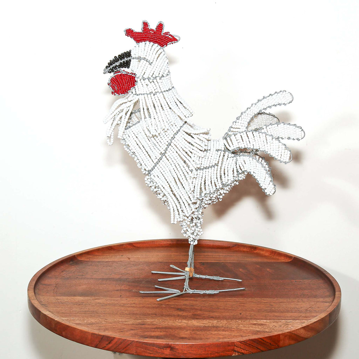 Handcrafted South African wire rooster with bright beadwork and an expressive farm bird design for collectible home decor