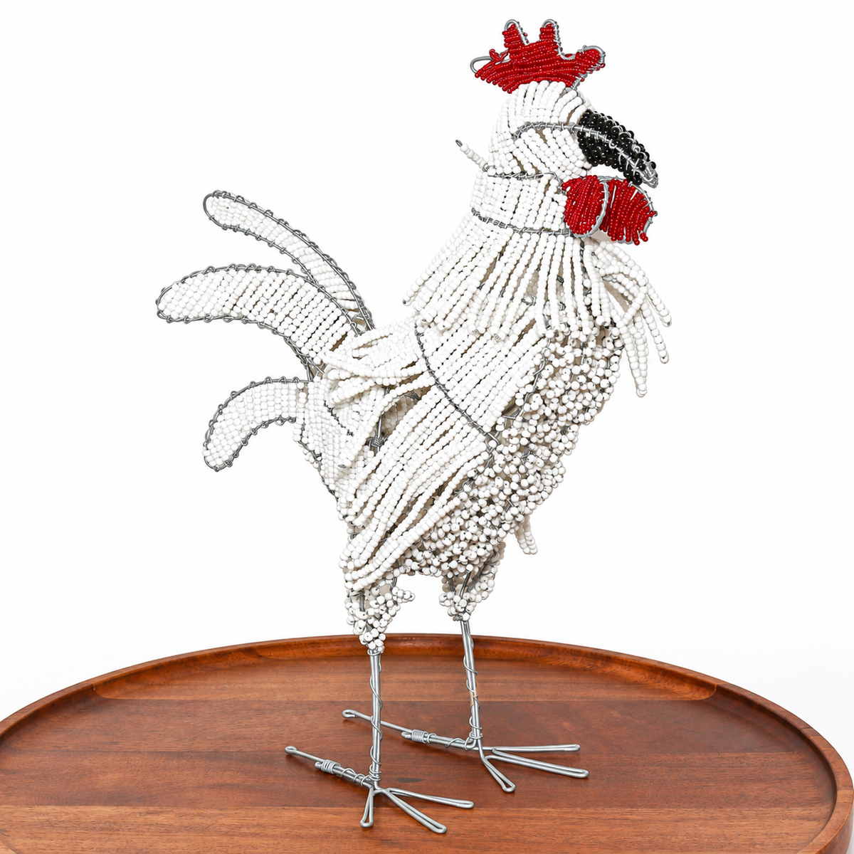 Handmade beaded wire rooster sculpture from South Africa with colorful detailing and a lively sculptural bird form