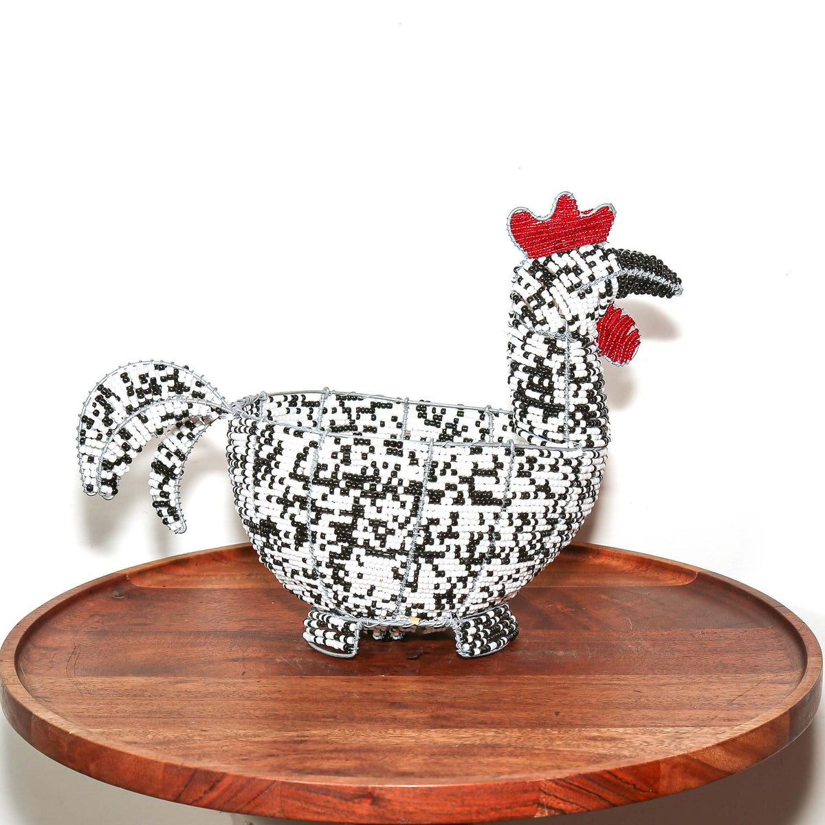 Decorative African chicken bowl made with beads and wire, ideal as a small tabletop accent or collectible art piece