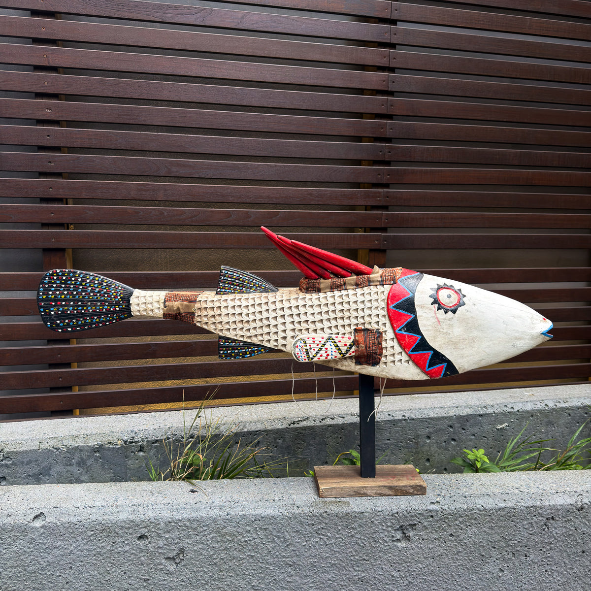 White fish sculpture puppet with an elongated body, detailed fins, and a bold sculptural silhouette for wall or tabletop display