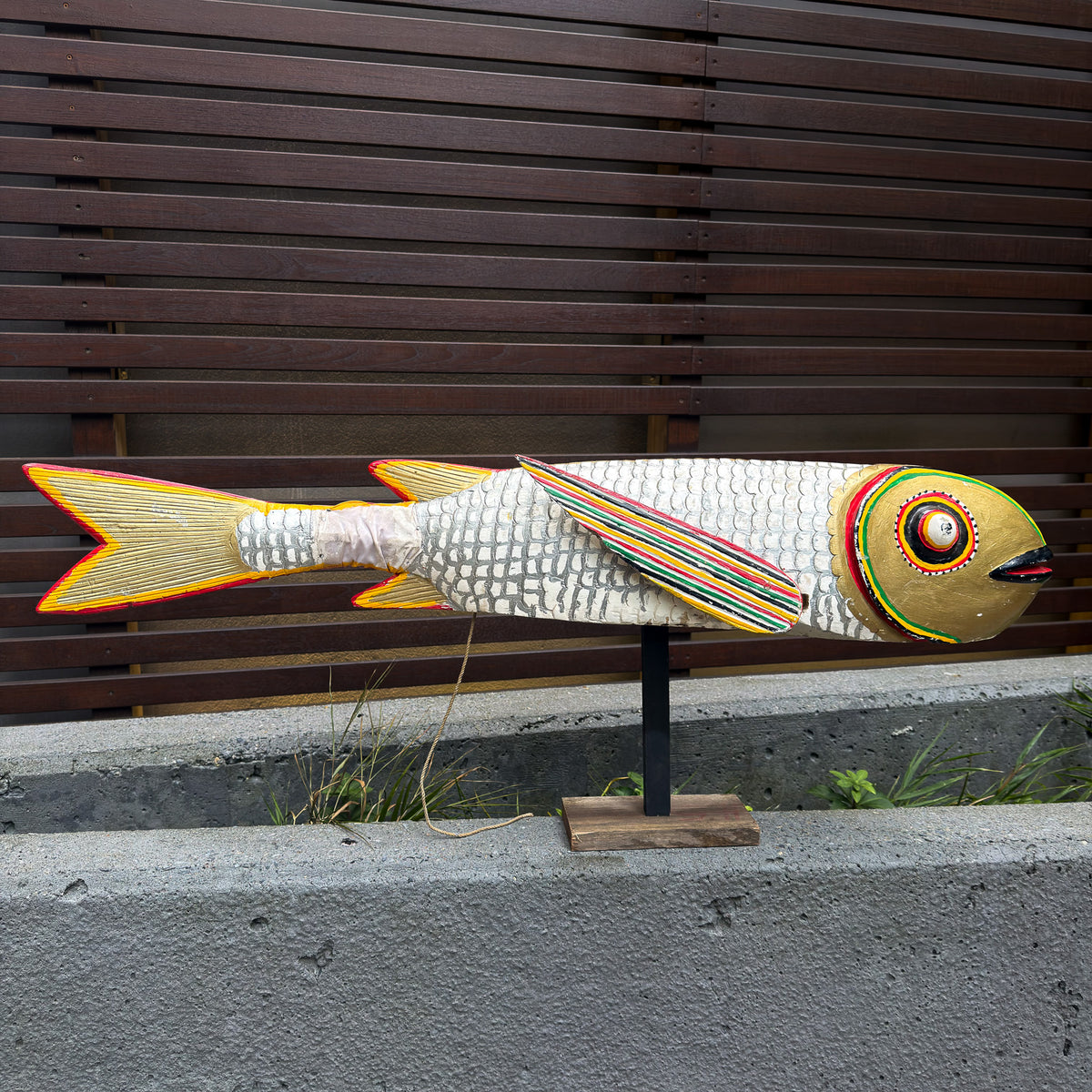 Large white fish art sculpture with puppet-style movement, hand-finished details, and an eye-catching decorative scale