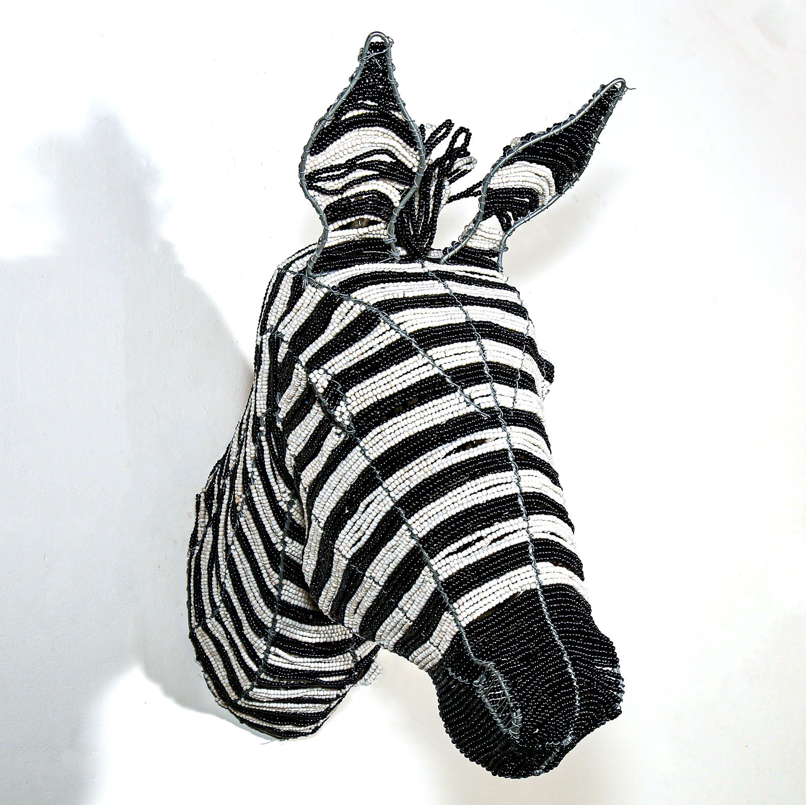 Sculpture of a Zebra head made from beads