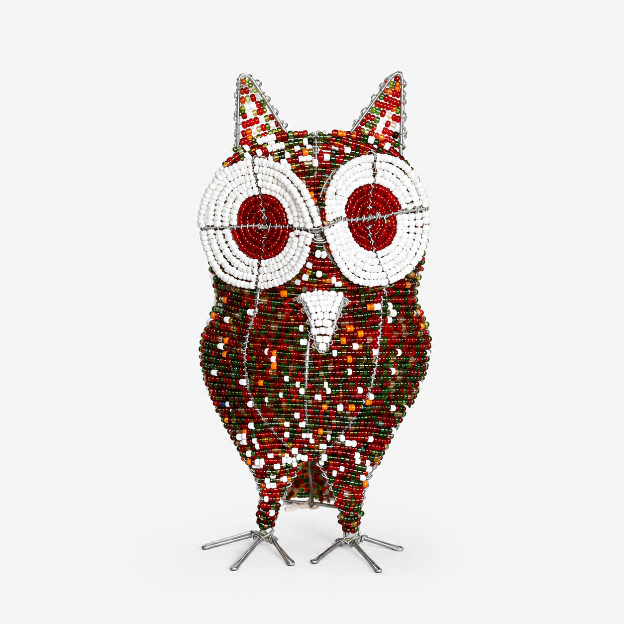 Decorative owl sculpture made of beads on a white background