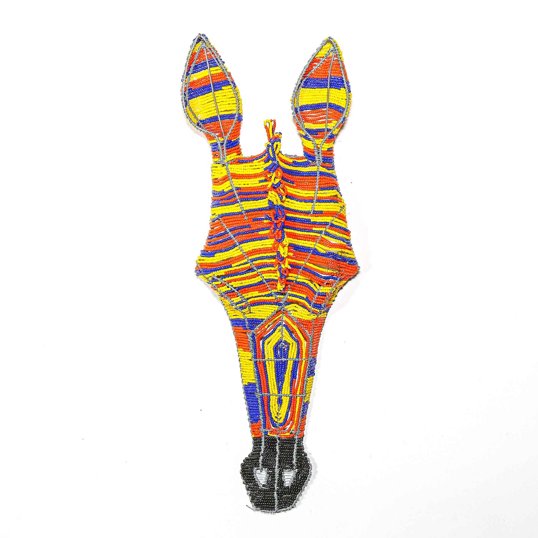 colorful beaded sculpture of a Zebra head to hang on the wall