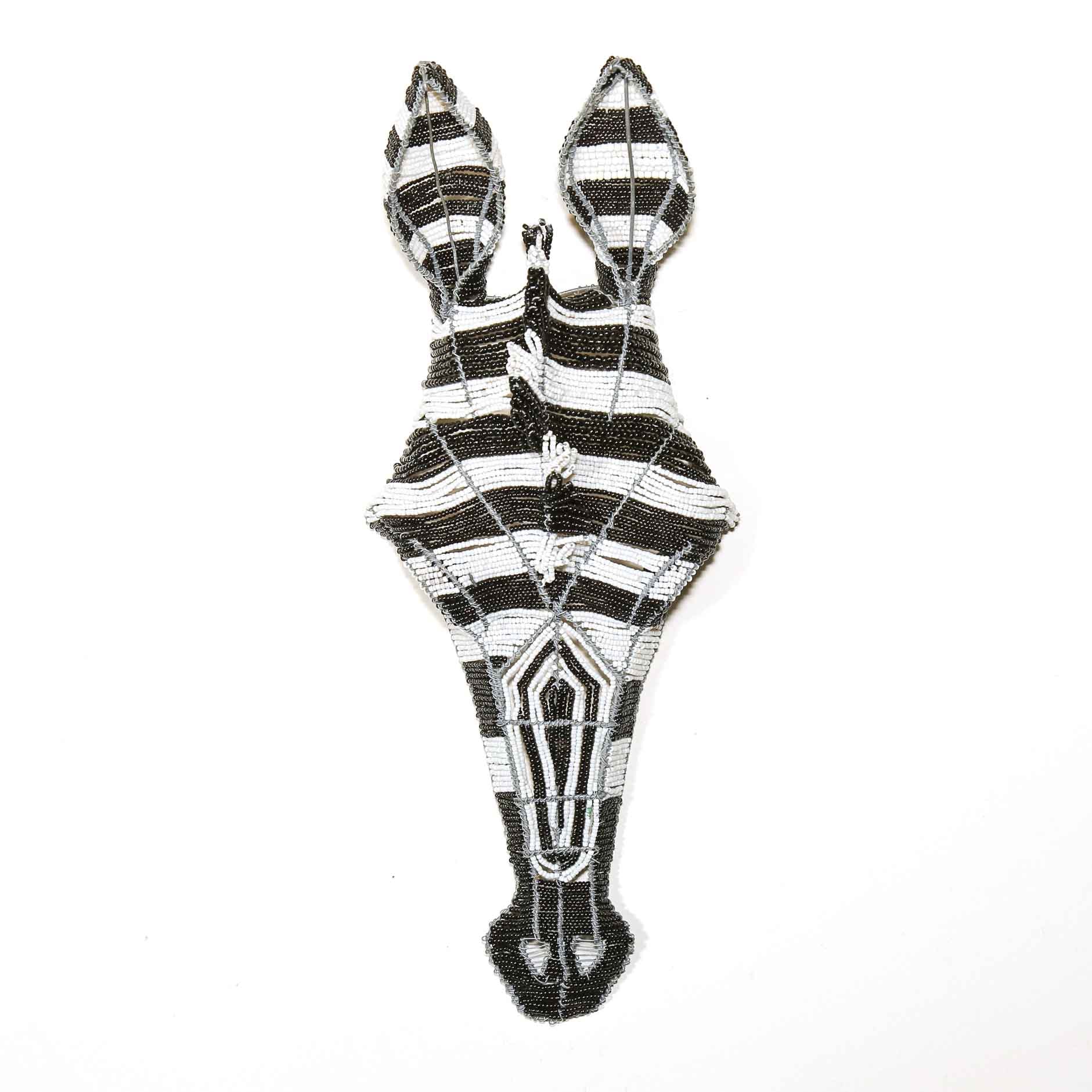 black and white beaded sculpture of a Zebra head to hang on the wall