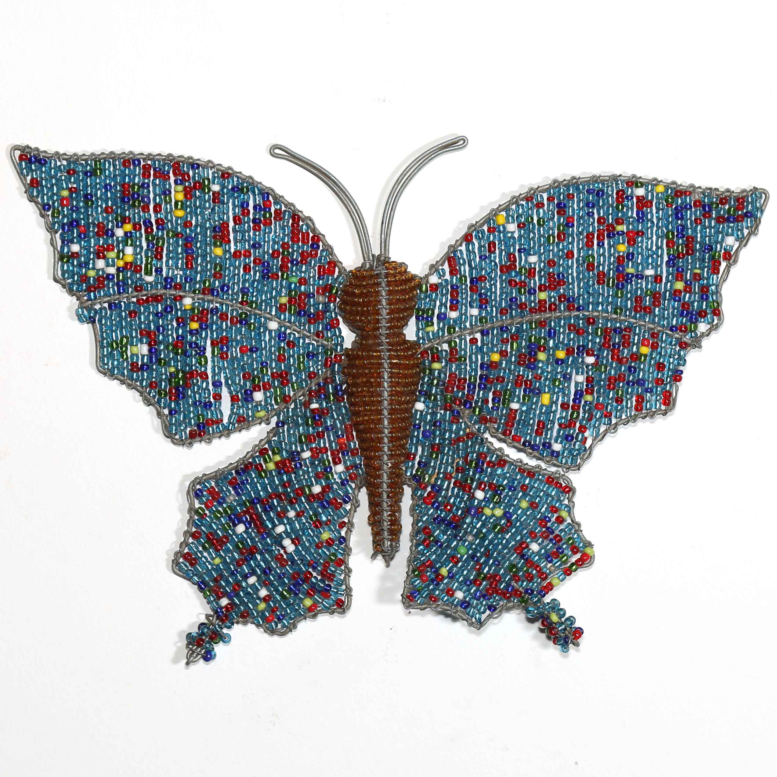 blue and gold beaded butterfly art to hang on the wall from Africa