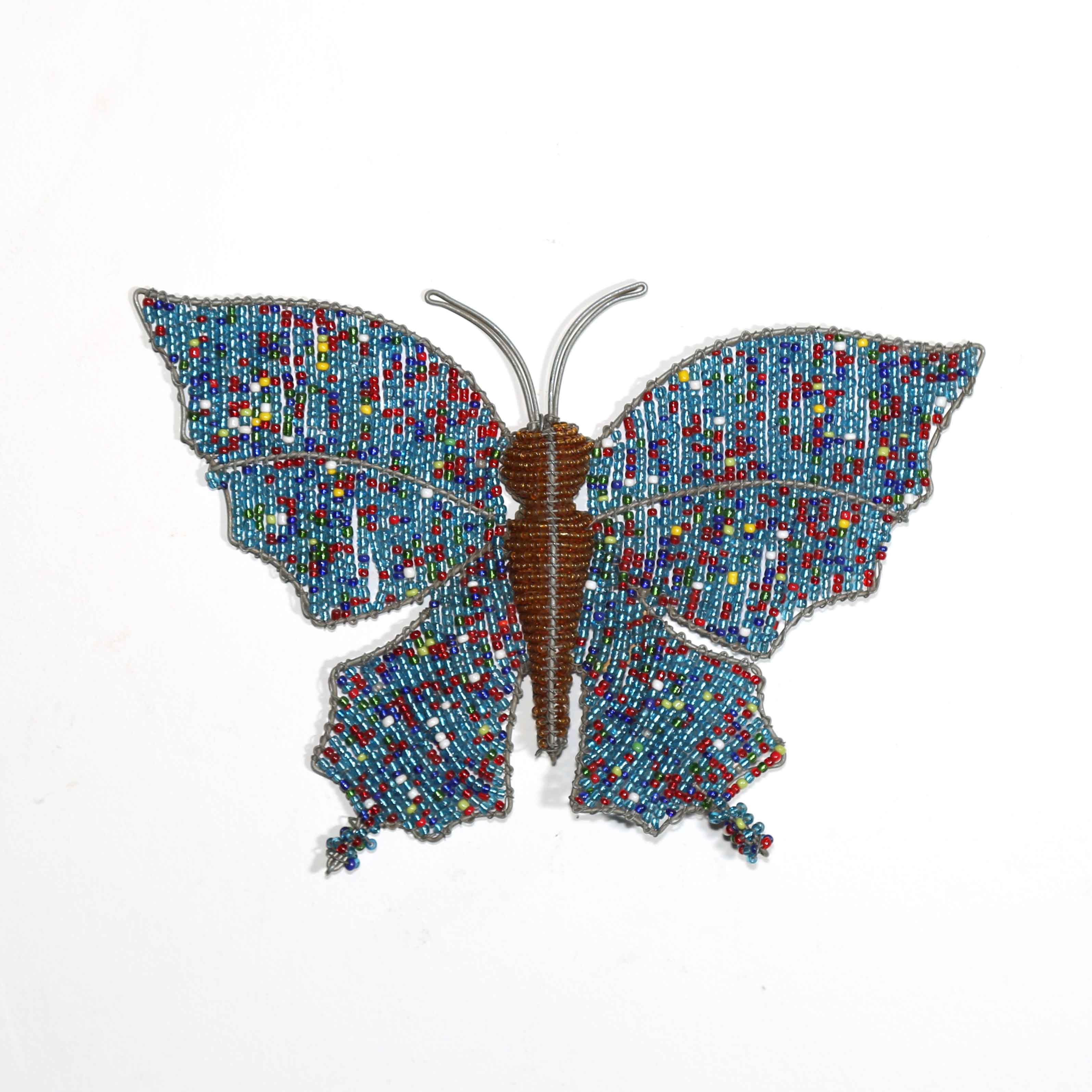 blue and gold beaded butterfly art to hang on the wall from Africa