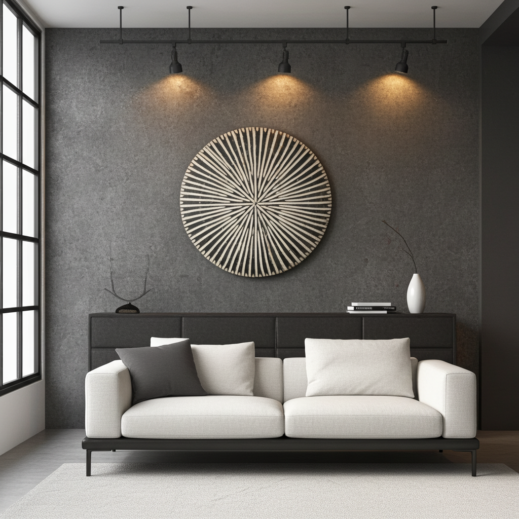 A modern living room setup featuring a white two-seater sofa with dark gray and white pillows, set against a dark gray textured wall with a large circular African Shield wall art piece and warm spotlighting.