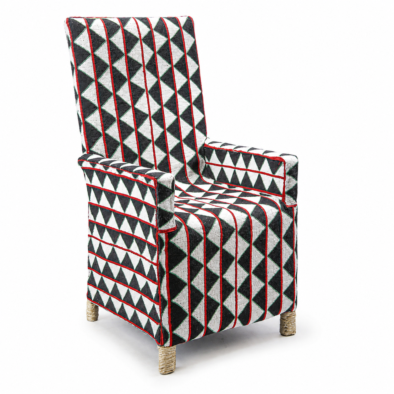 Chair with black and white geometric pattern on a white background