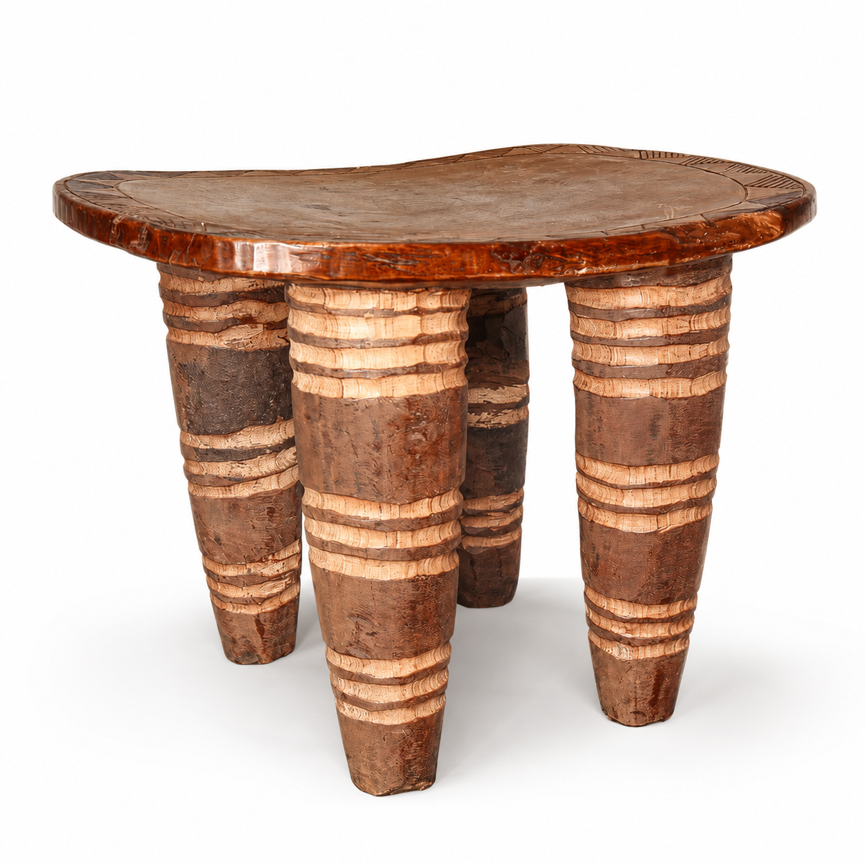 Wooden rectangular table with unique tapered striped legs on a white background