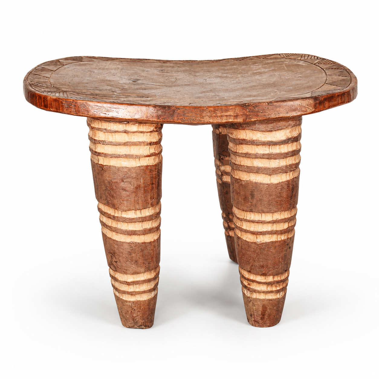 Wooden rectangular table with unique tapered striped legs on a white background