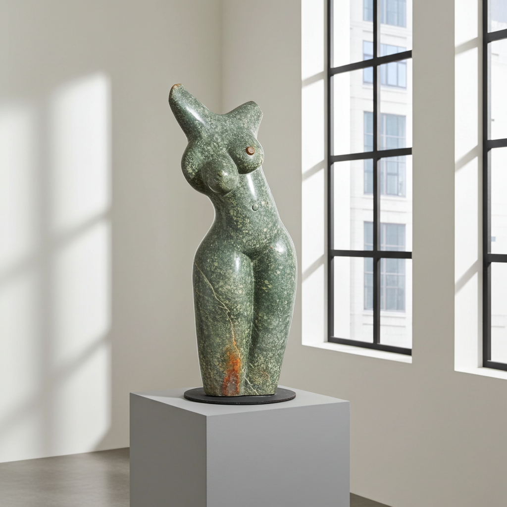 Abstract sculpture on a pedestal in a room with large windows