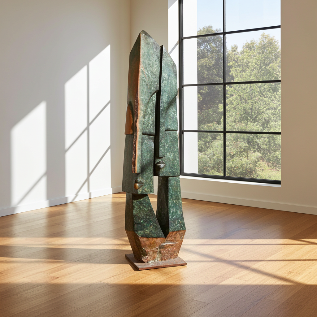 Abstract sculpture in a room with large windows
