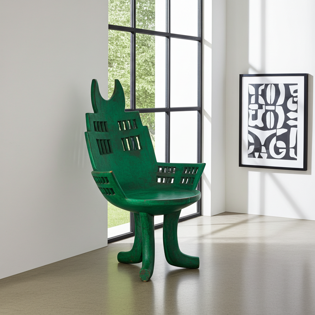 Green chair with unique design in a room with large windows
