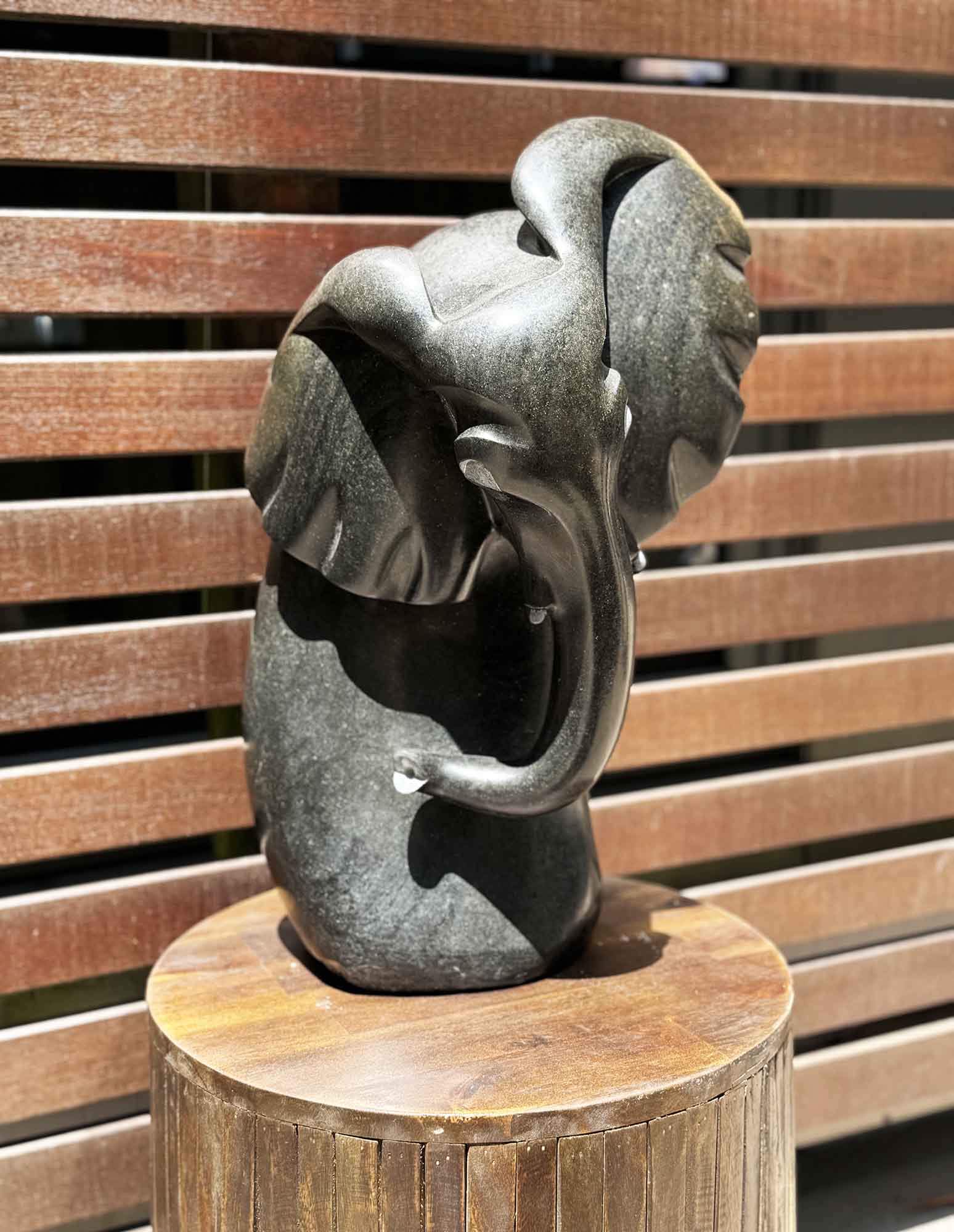 sculpture of elephant in black stone placed outside