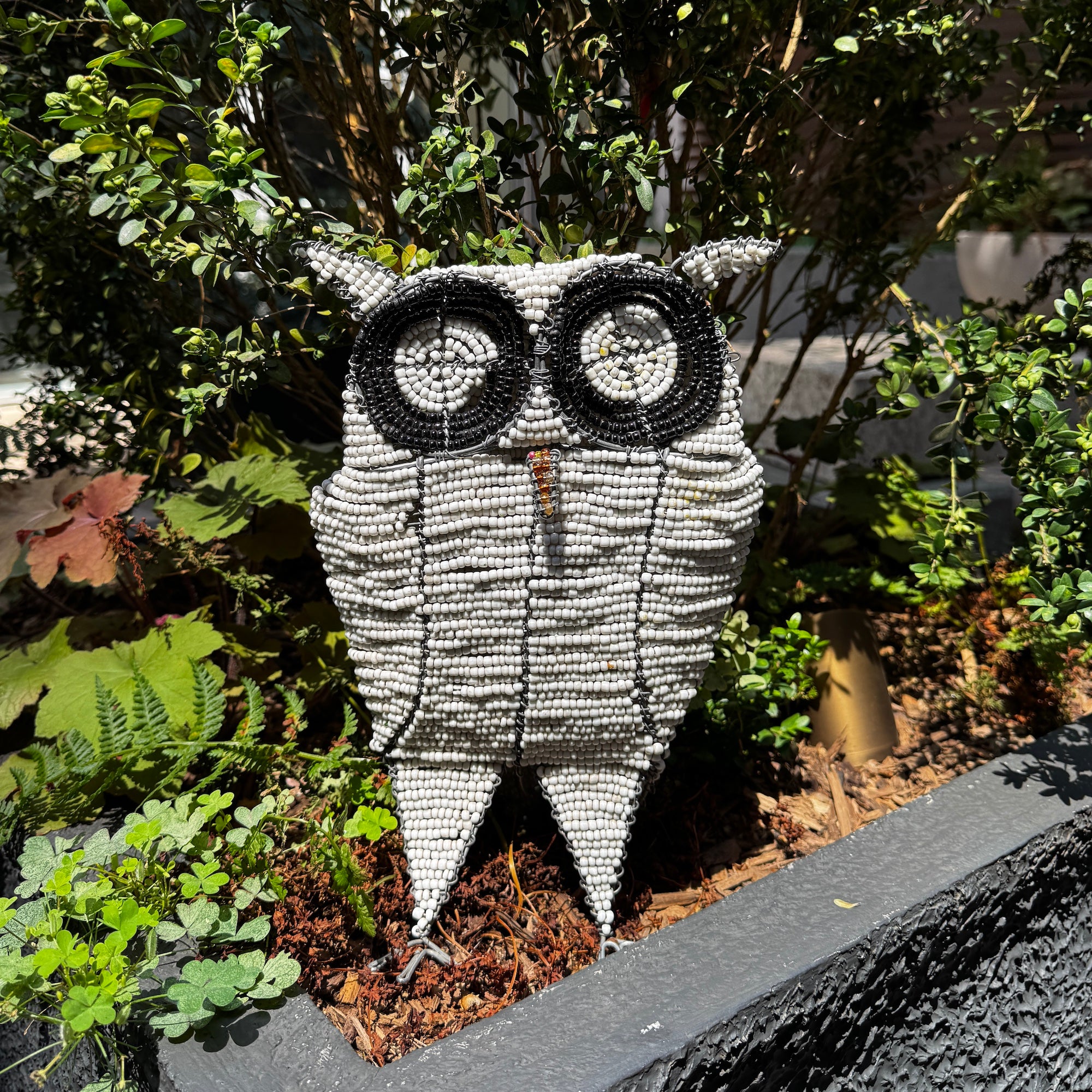 white beaded owl outside