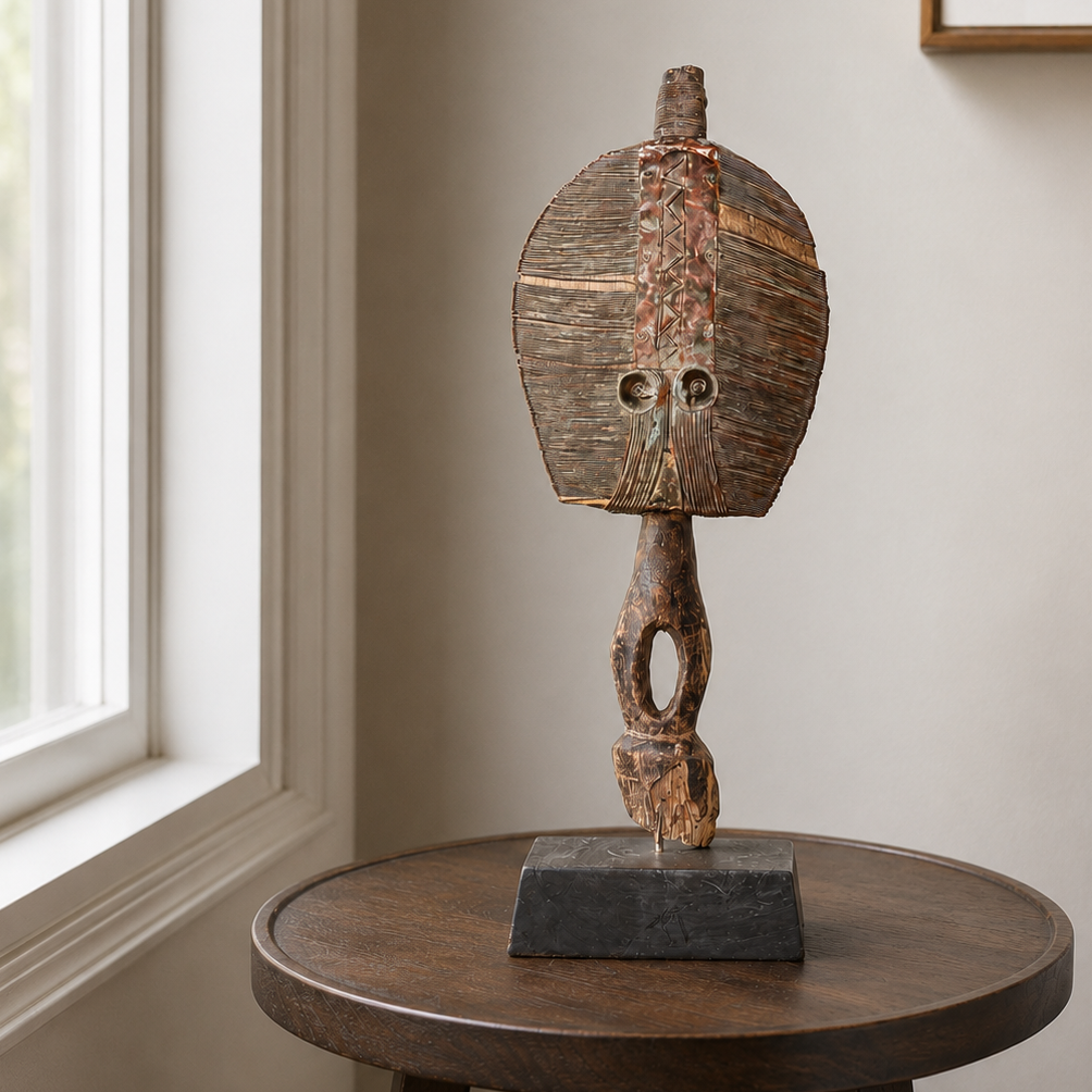 A rustic carved wooden sculpture of a stylized face with a shield-like head and dark base, displayed on a round wooden table in a softly lit room next to a window.