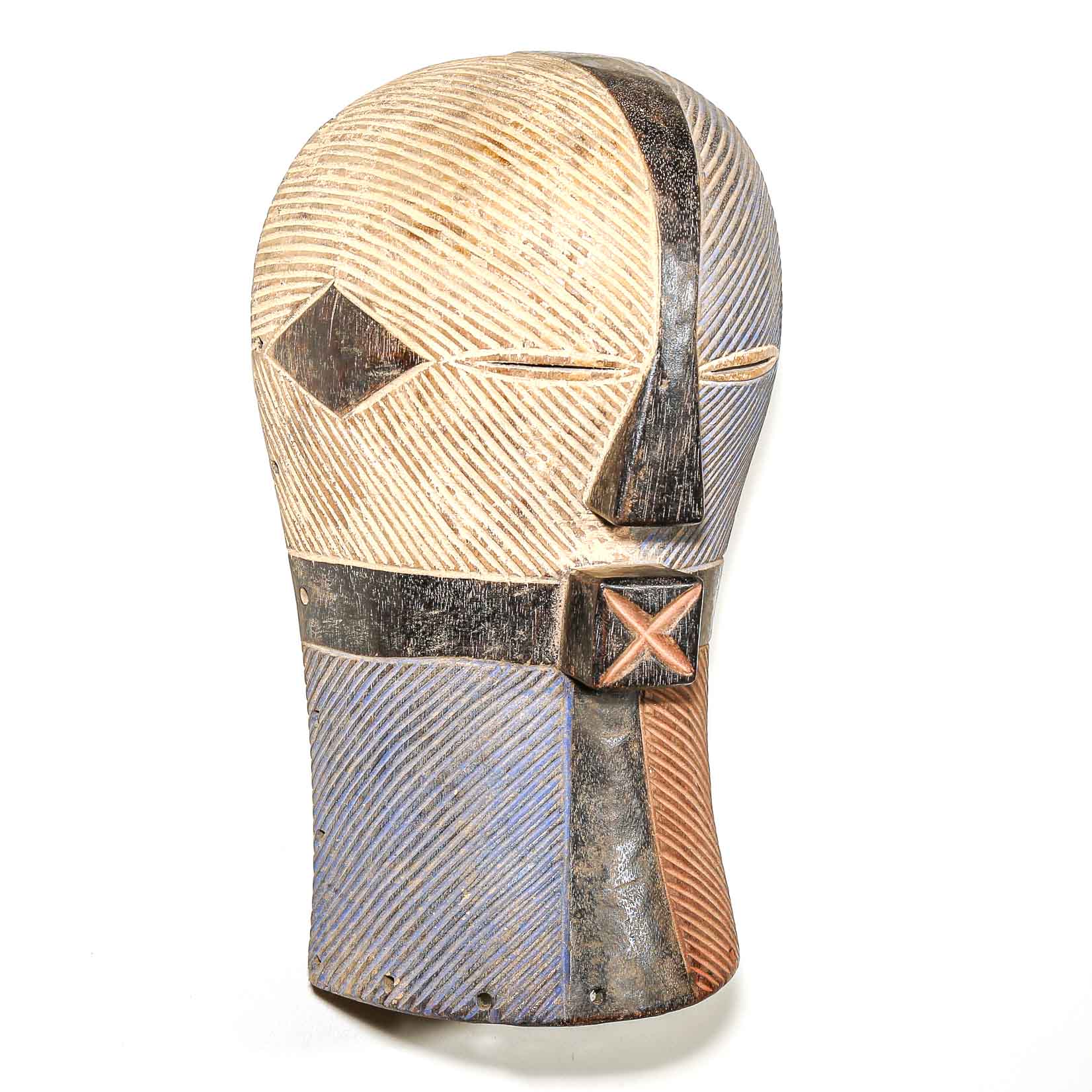 Wooden mask with geometric patterns on a white background