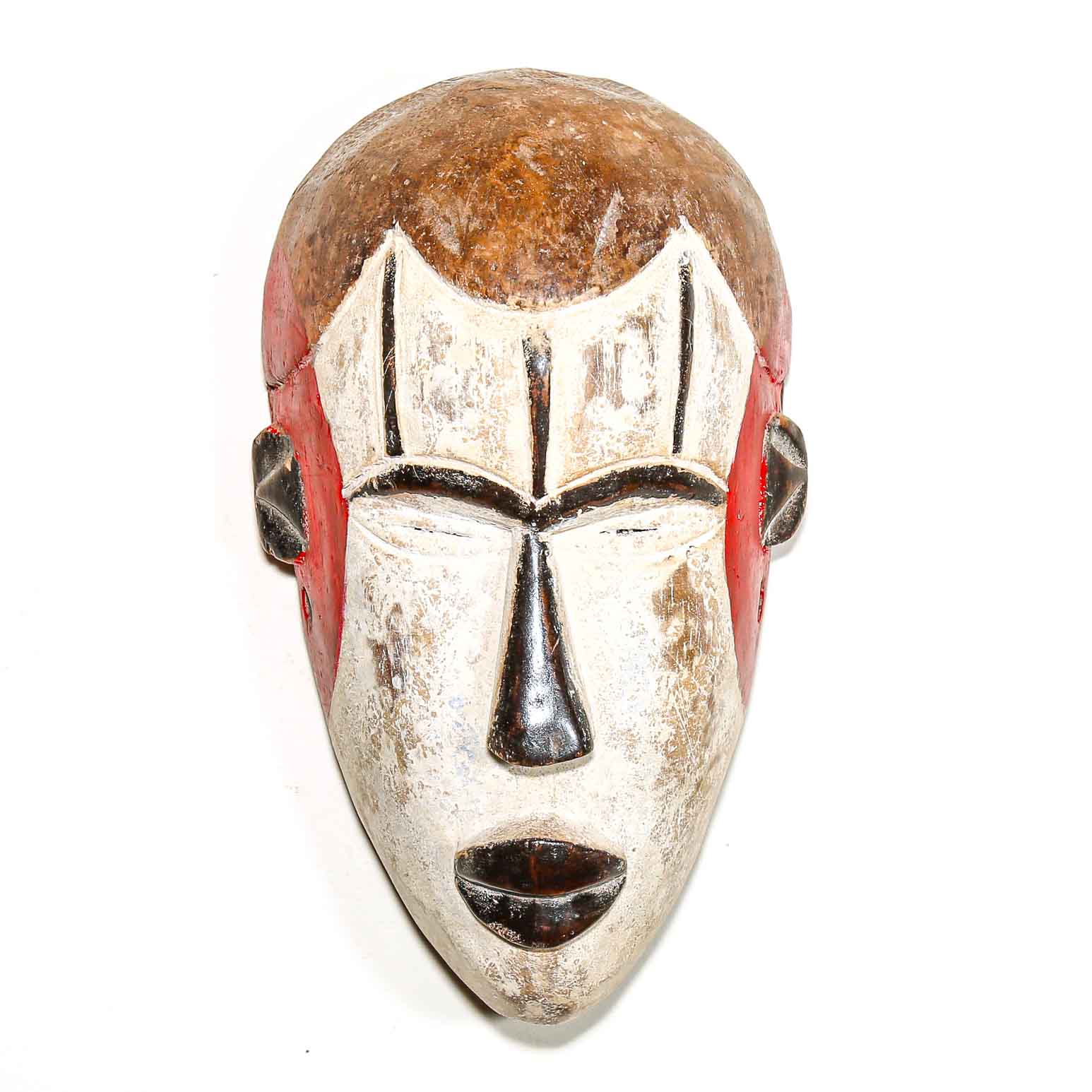 African mask made for dance ceremonies with a brown top and silver face on a white background