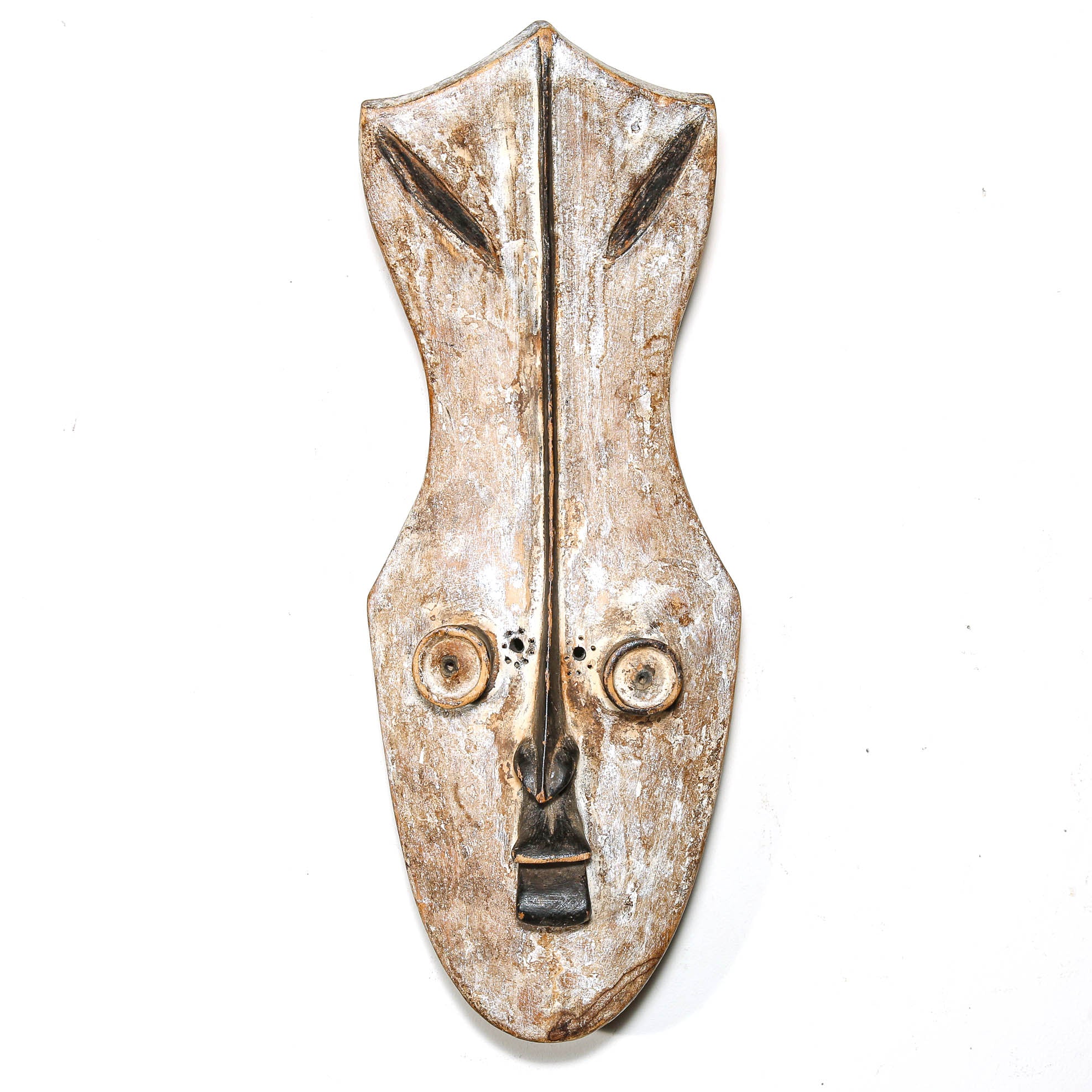 Decorative African mask with a rustic, worn finish on a white background