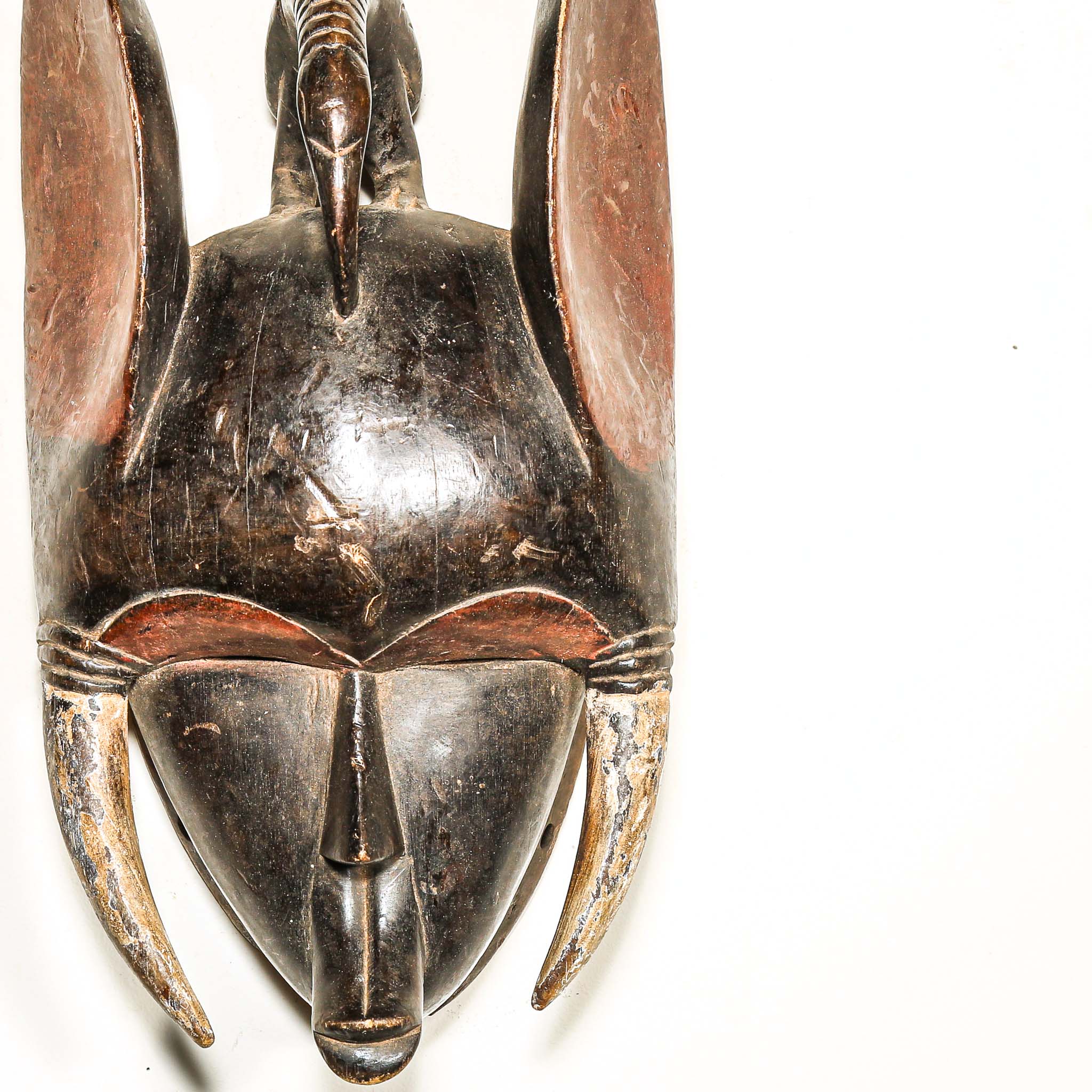 Wooden black art mask with elephant ears and tusks on a white background from Africa