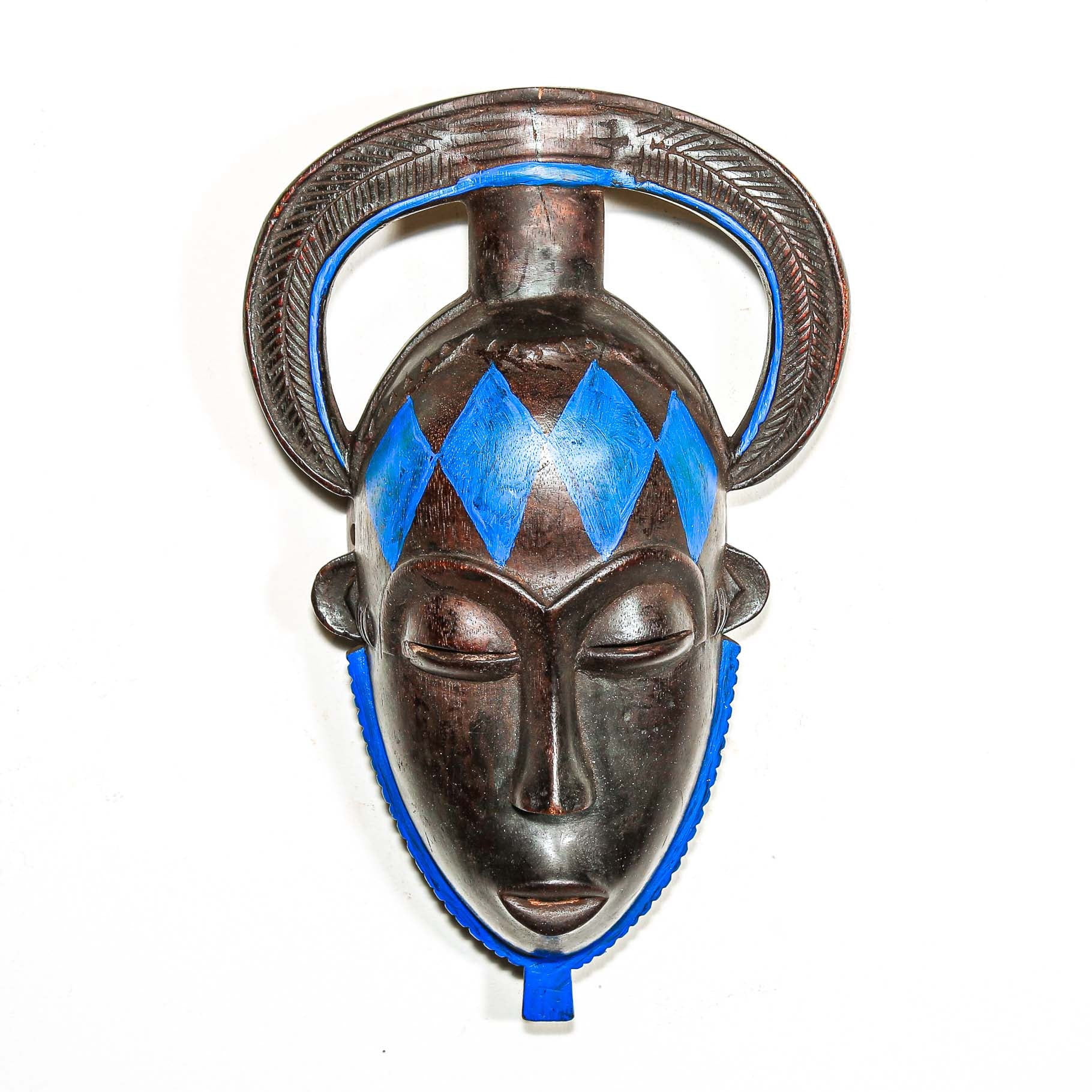 African black Decorative mask with blue accents on a white background