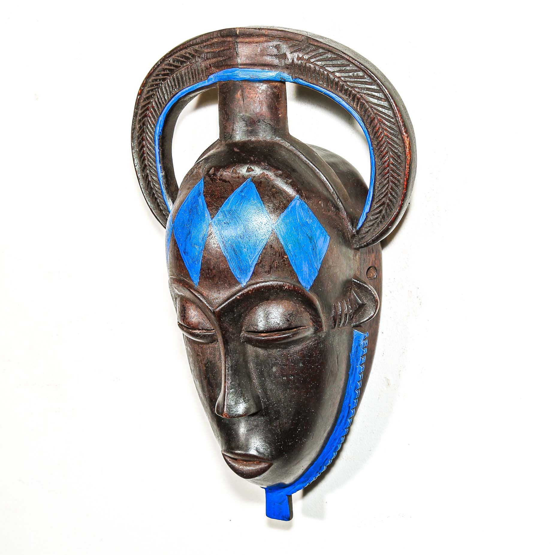 African black Decorative mask with blue accents on a white background