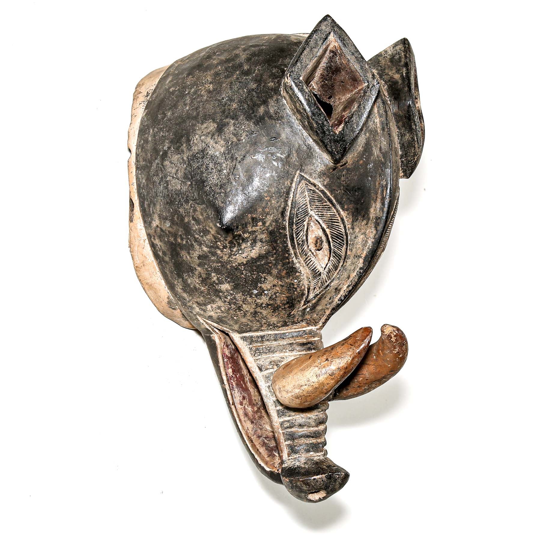 Finely carved wooden animal mask from Africa with intricate designs on a white background. Traditional artwork for collectors