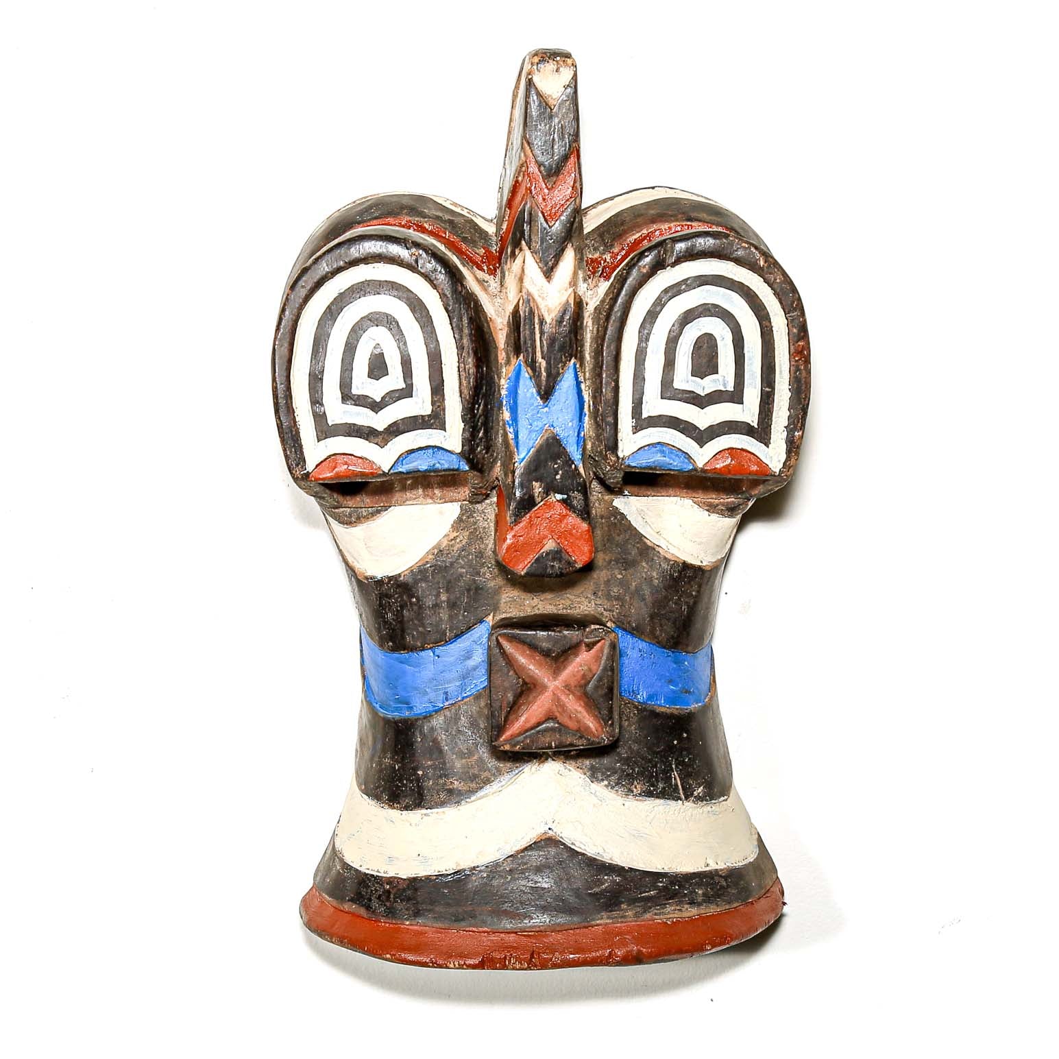 painted colorful wood african mask made by the people of the Congo. For sale to hang on your wall