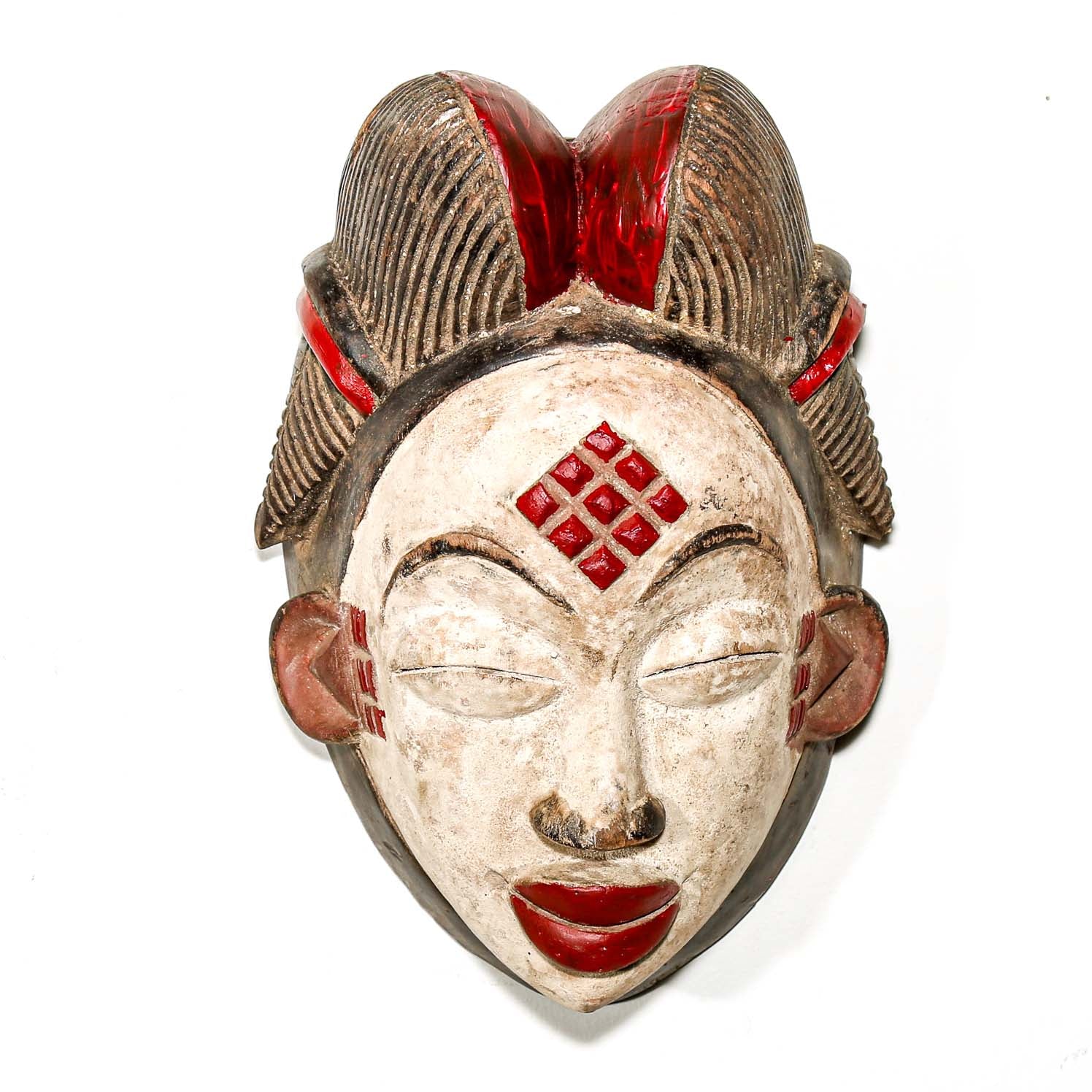 brown white and red Punu Tribal ceremonial cultural art from Africa to hang on the wall