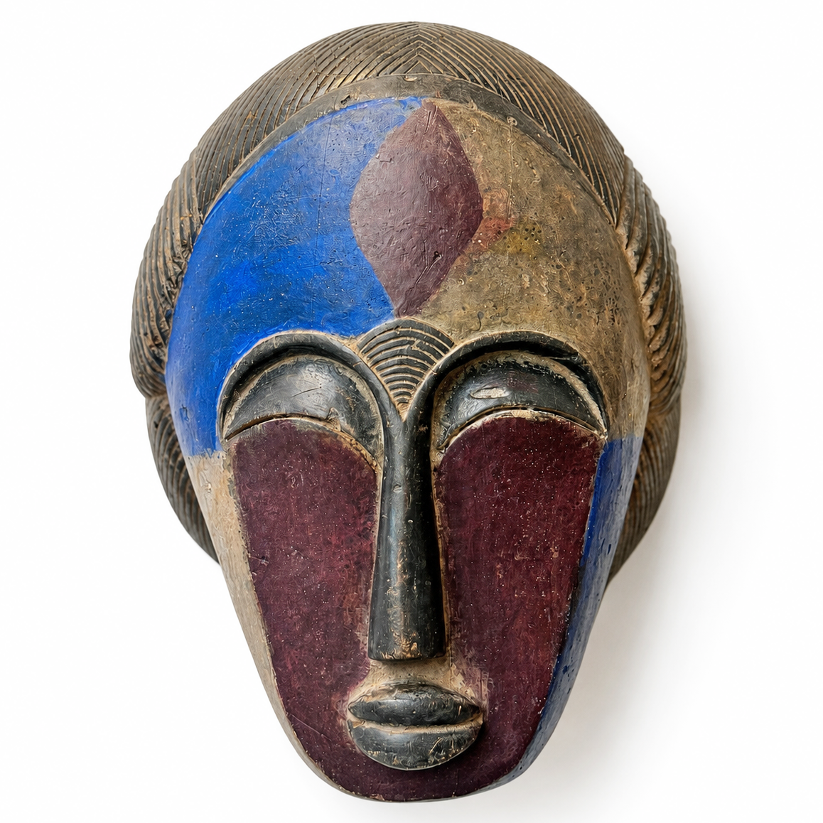 Extra large huge Wooden African mask for the wall with blue and purple colors on a white background