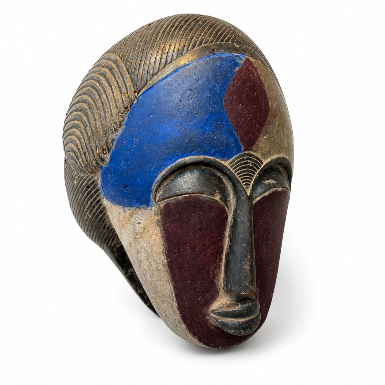 Extra large huge Wooden African mask for the wall with blue and purple colors on a white background