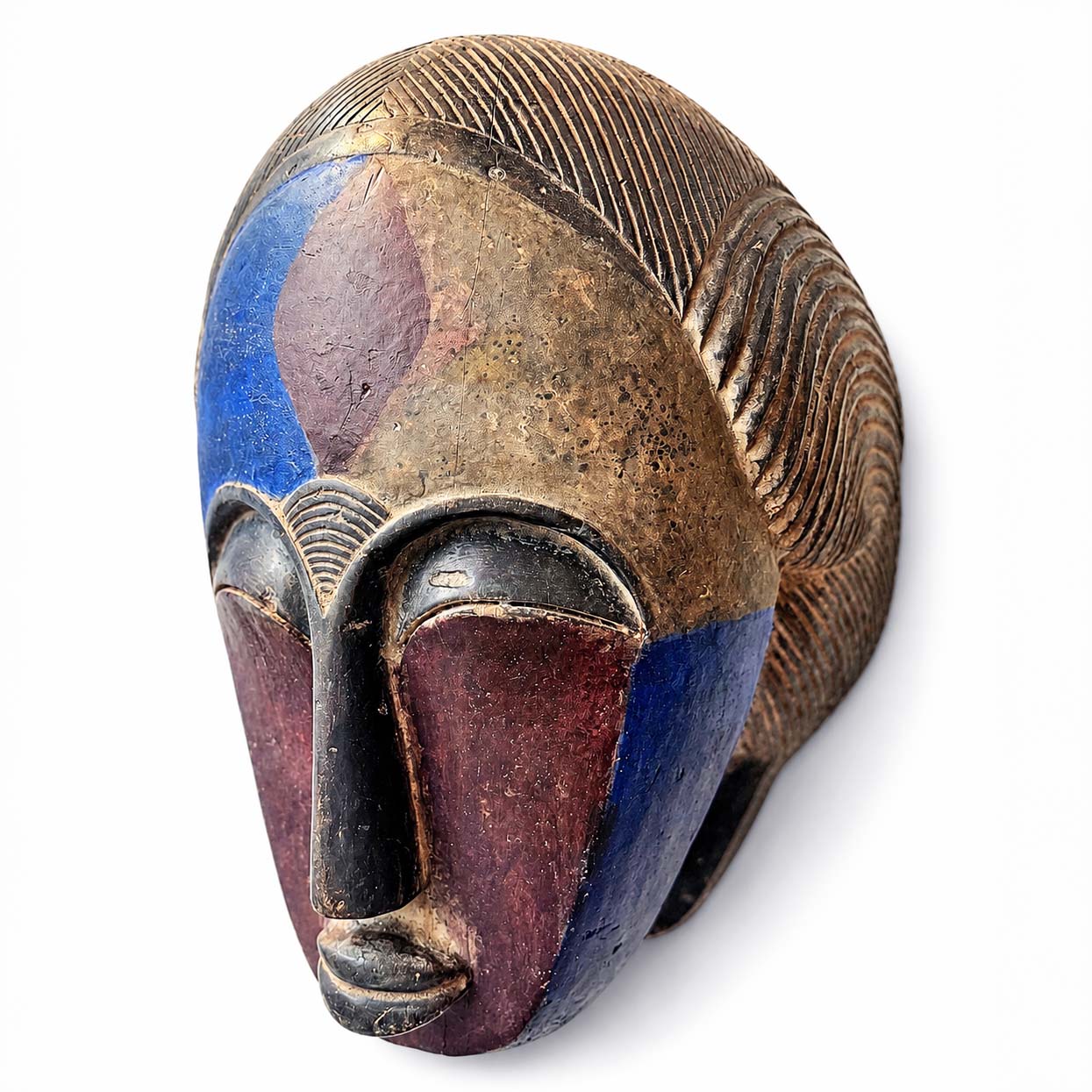 Extra large huge Wooden African mask for the wall with blue and purple colors on a white background